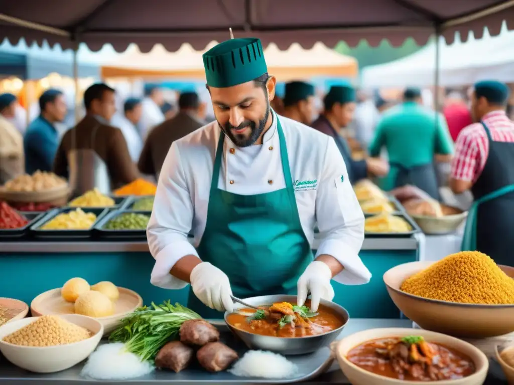 Escena vibrante del Festival de la Marinera y el Cabrito en Perú, capturando la rica gastronomía y la atmósfera festiva