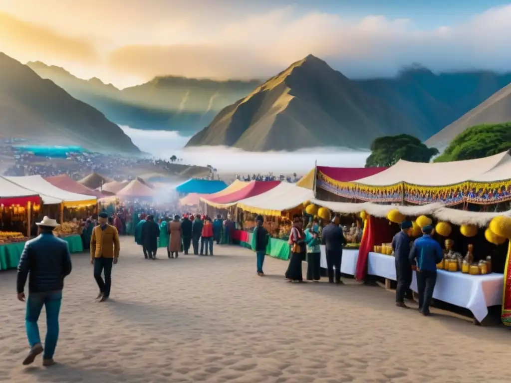 Escena vibrante en festival del Pisco en Perú, con coloridos puestos y música en vivo en la Ruta del Pisco