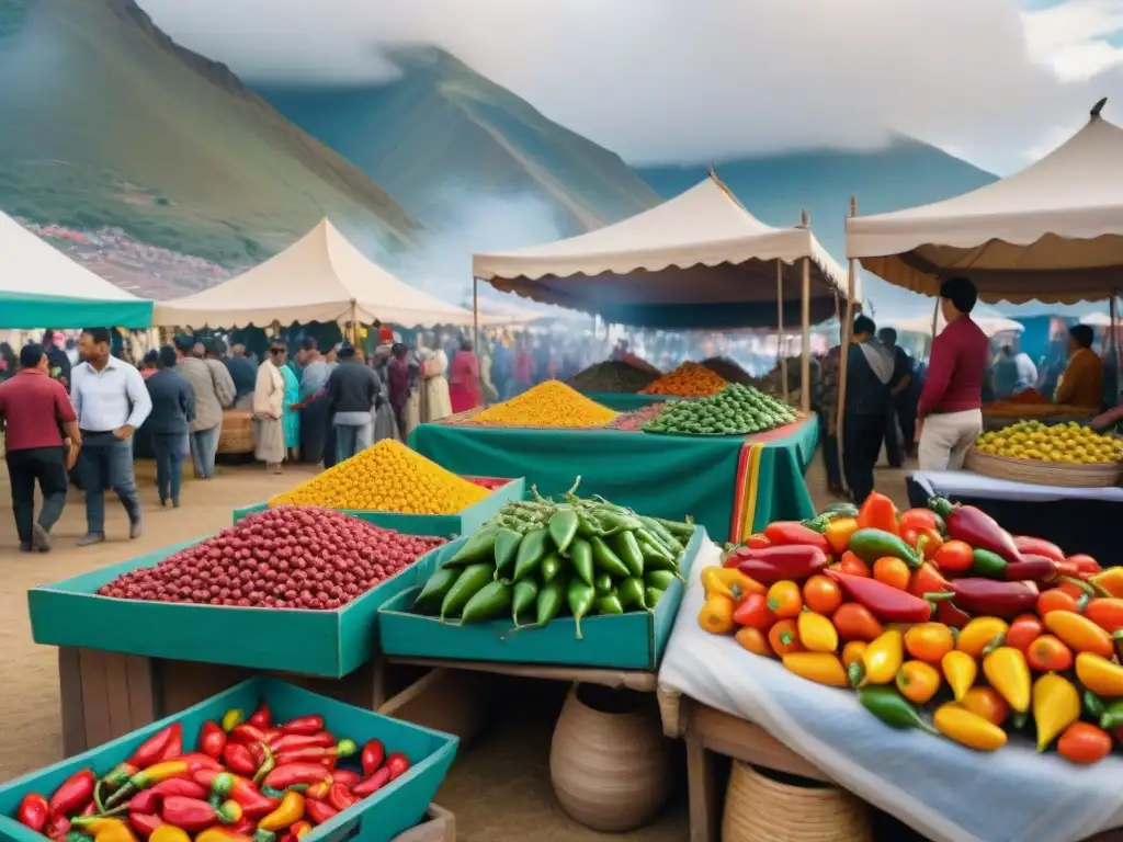 Escena vibrante en el Festival del Rocoto Relleno Perú: mercado colorido, vendedores locales y música festiva