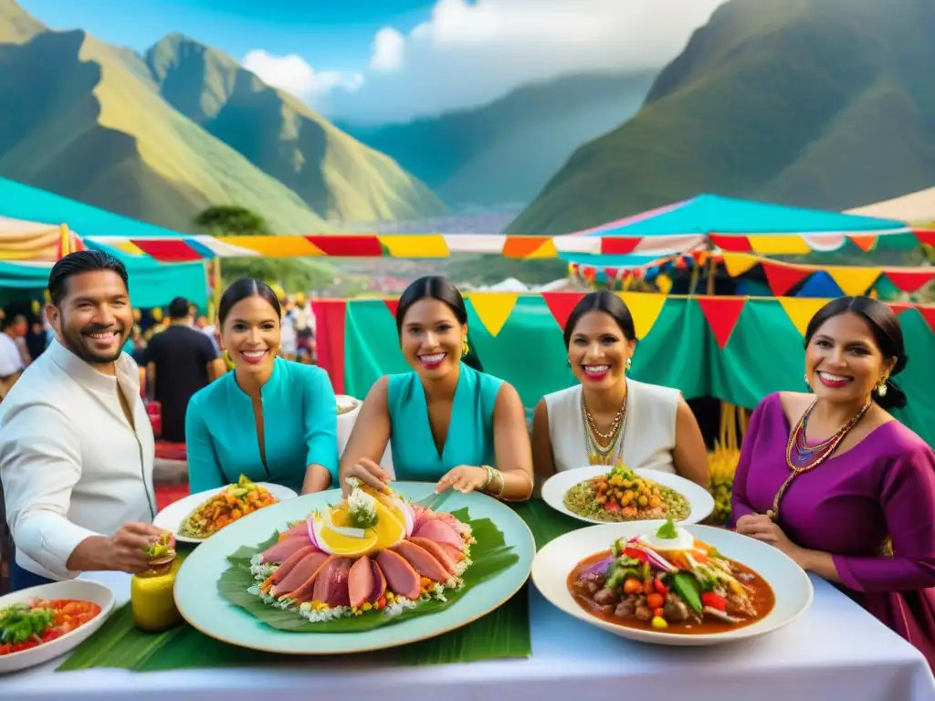 Escena vibrante de festividad peruana con diversidad gastronómica, expresión cultural y belleza natural