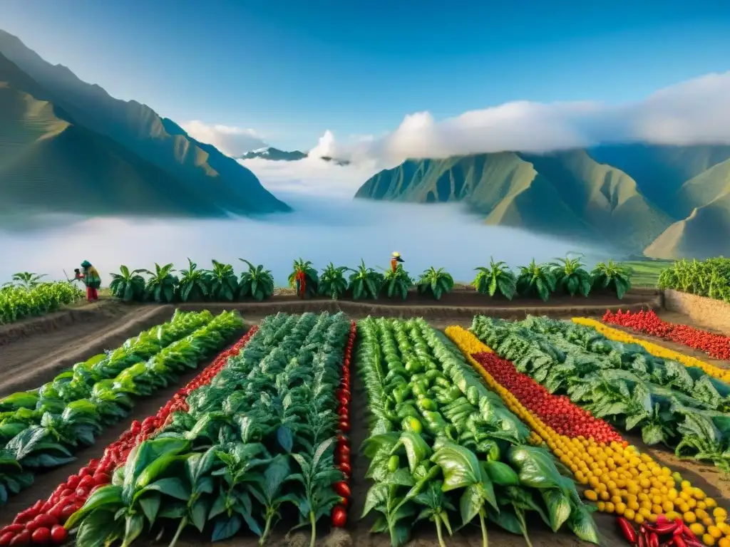 Una escena vibrante de una granja peruana con plantaciones de coloridos ajíes que se extienden hasta el horizonte bajo un cielo azul claro