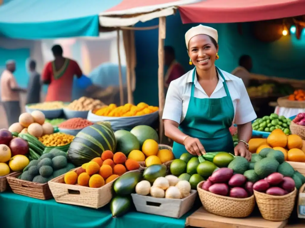 Escena vibrante en mercado AfroPeruano con influencia africana en gastronomía peruana