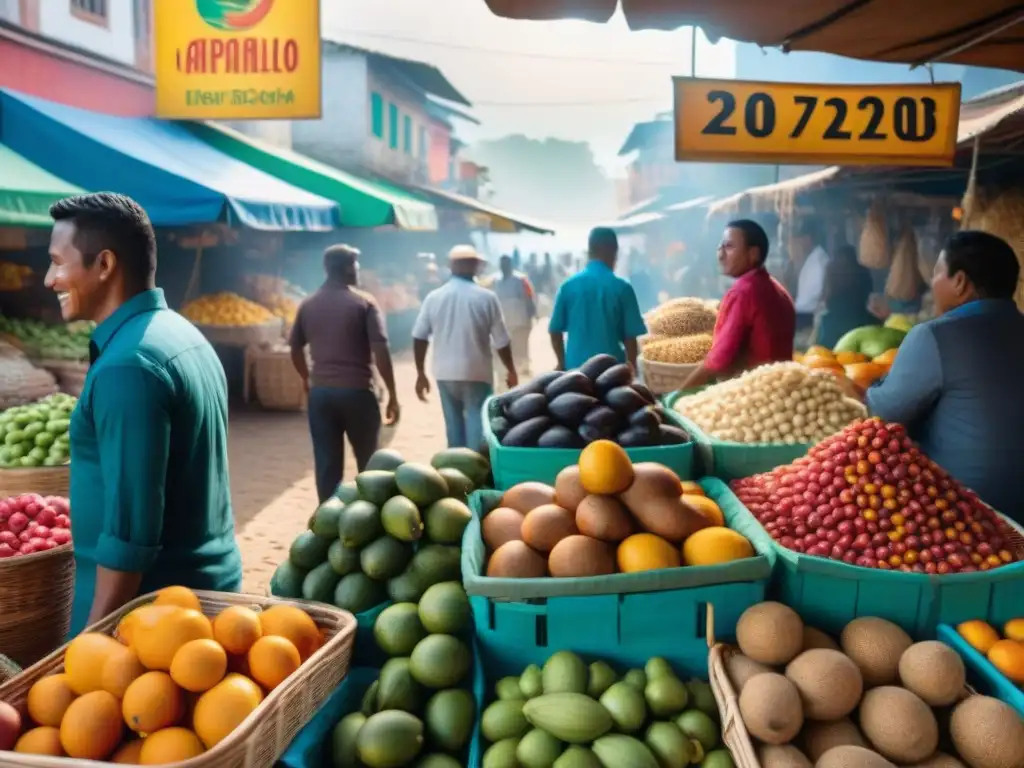 Escena vibrante de mercado afroperuano con fusión culinaria, puestos coloridos y productos exóticos