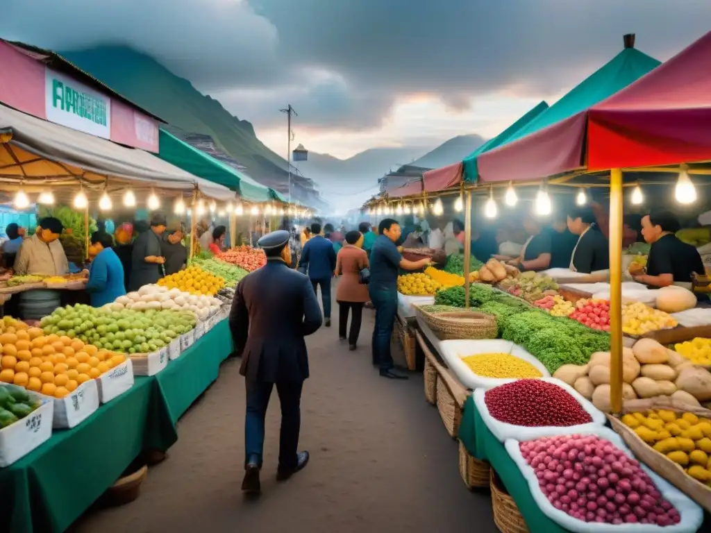 Escena vibrante de mercado de alimentos en Lima, Perú, con chefs locales y coloridas frutas