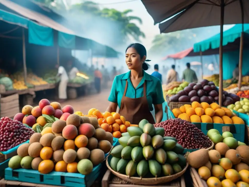 Una escena vibrante de mercado amazónico con frutas exóticas, incluyendo el aguaje