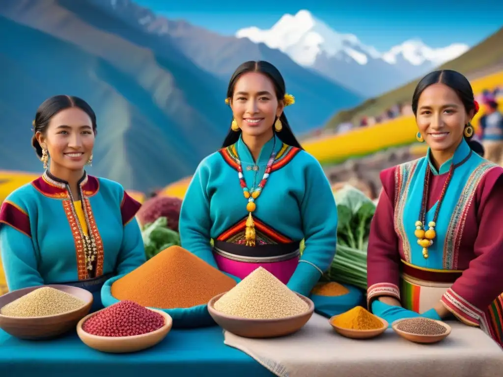 Una escena vibrante en un mercado andino, donde mujeres Quechua presentan su cosecha de quinua, fusionando tradición con nutrición moderna