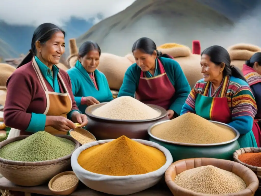 Escena vibrante de mercado andino con quinua en diversas formas y colores, mujeres indígenas cocinando y sirviendo en cocina moderna