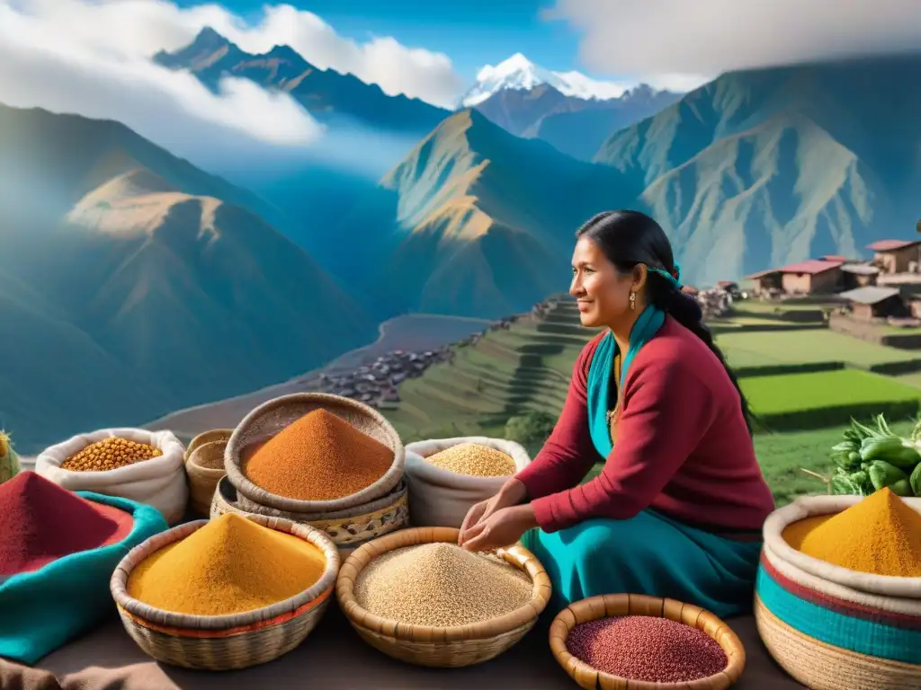 Escena vibrante de mercado andino con granos tradicionales, destacando la importancia de los granos andinos en la gastronomía peruana