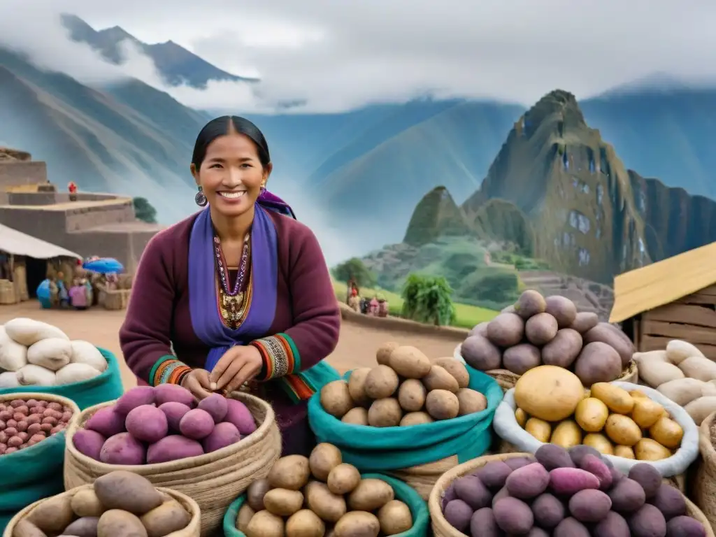 Escena vibrante en mercado andino con variedad de tubérculos nativos coloridos como papas moradas, ollucos y mashua