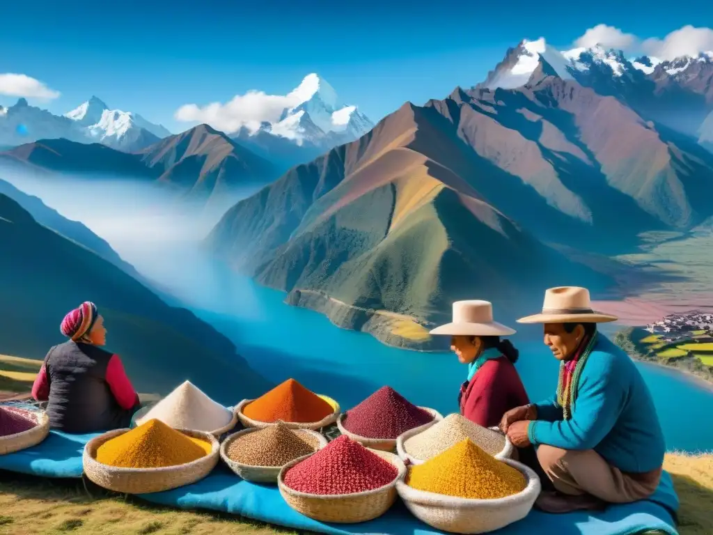 Escena vibrante en mercado andino con quinua en cestas tejidas