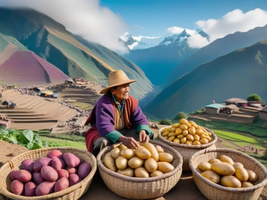 Escena vibrante de mercado andino con variedad de papas en cestas tejidas