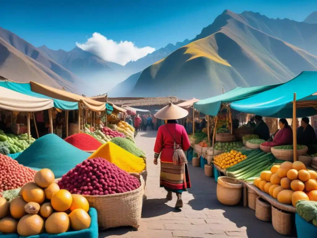 Escena vibrante de mercado ayacuchano con gastronomía tradicional: colores, textiles, frutas y verduras exóticas