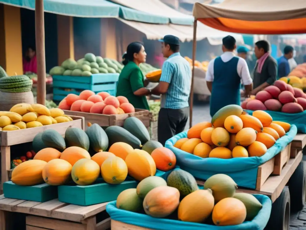 Escena vibrante de un mercado callejero en Arequipa, Perú, mostrando papayas frescas preparadas para la receta refresco papaya arequipeña casero