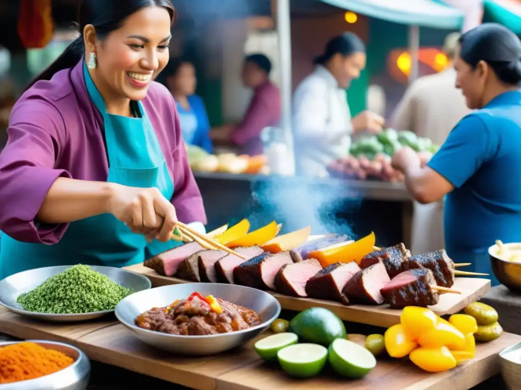 Escena vibrante de mercado callejero peruano con chef preparando anticuchos