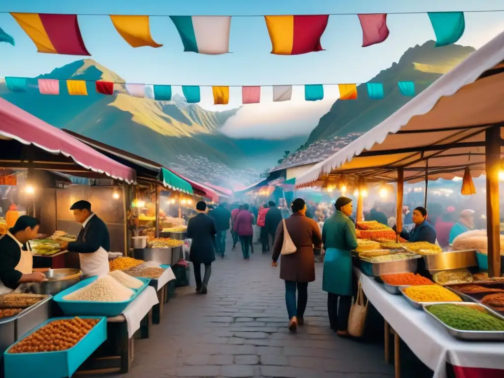 Una escena vibrante de un mercado callejero peruano, donde se mezclan locales y turistas disfrutando de delicias tradicionales