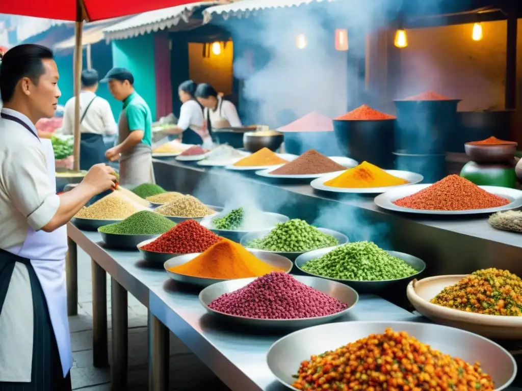 Escena vibrante del mercado callejero en Lima, Perú, donde la historia de inmigración china se fusiona con la gastronomía peruana