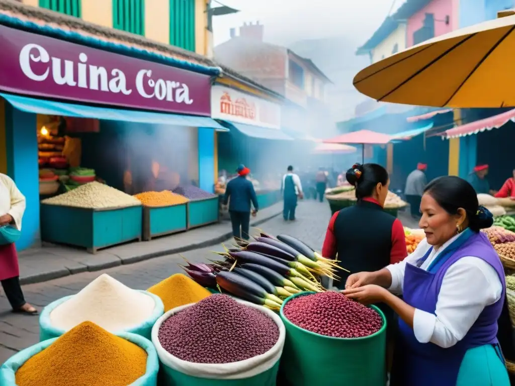 Una escena vibrante de un mercado callejero en Lima, Perú, con ingredientes autóctonos de la cocina callejera peruana