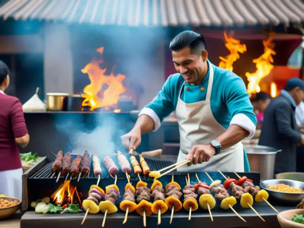 Una escena vibrante de un mercado callejero peruano donde un chef experto cocina anticuchos sobre fuego