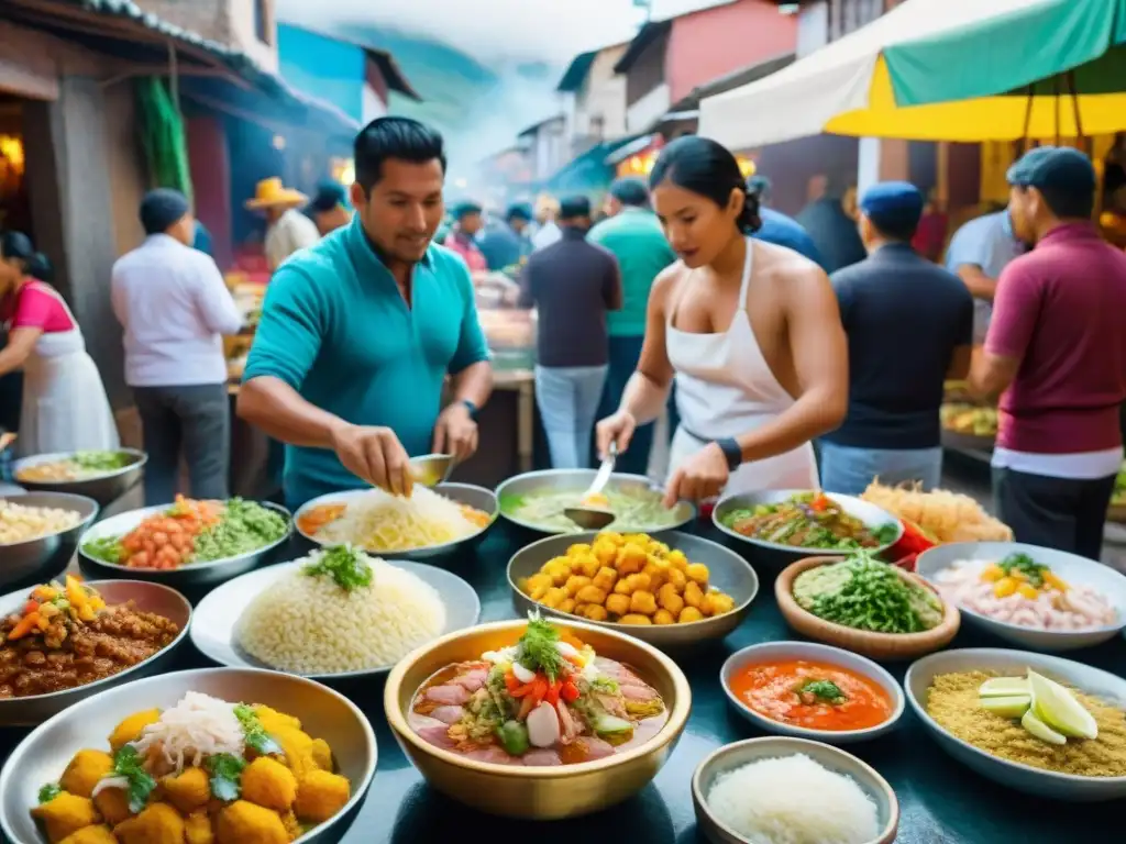 Escena vibrante de un mercado callejero peruano con variedad de platos tradicionales