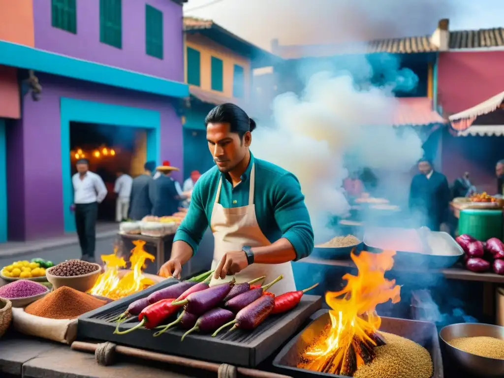 Una escena vibrante de mercado callejero en Perú, donde la cocina callejera y la identidad se fusionan en colores y texturas