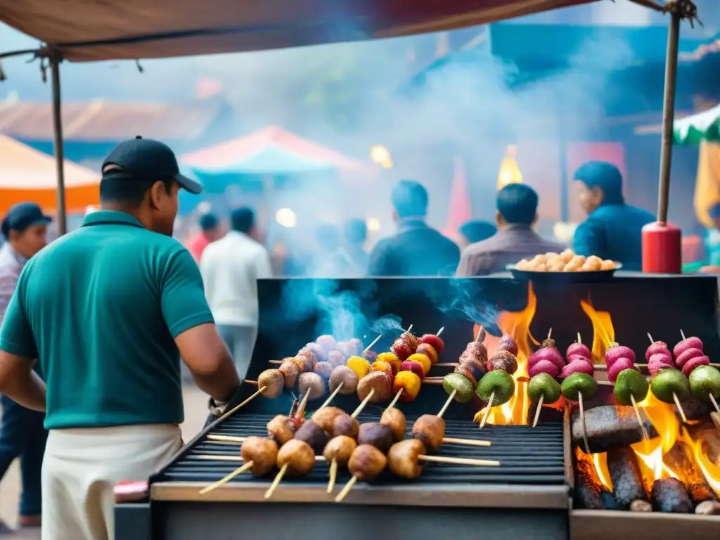 Escena vibrante de un mercado callejero peruano donde se preparan anticuchos sobre parrillas