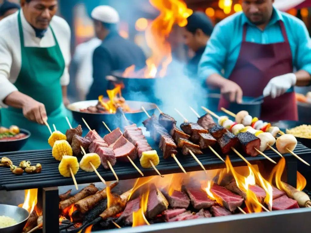 Escena vibrante de mercado callejero peruano con anticuchos variados