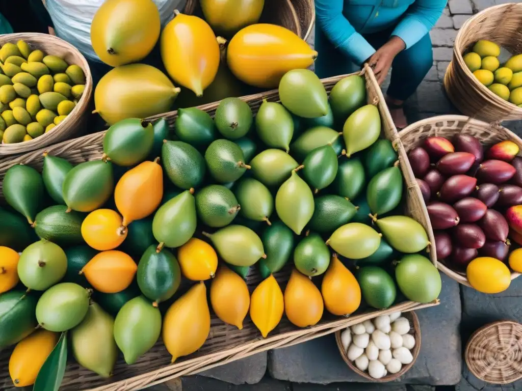 Escena vibrante de mercado callejero en Perú con beneficios refresco carambola peruano