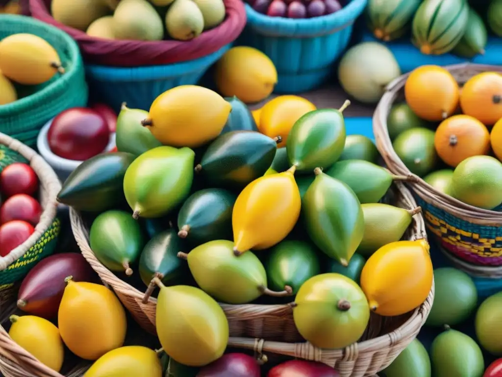 Una escena vibrante de mercado en Perú con carambolas frescas en cesto tejido