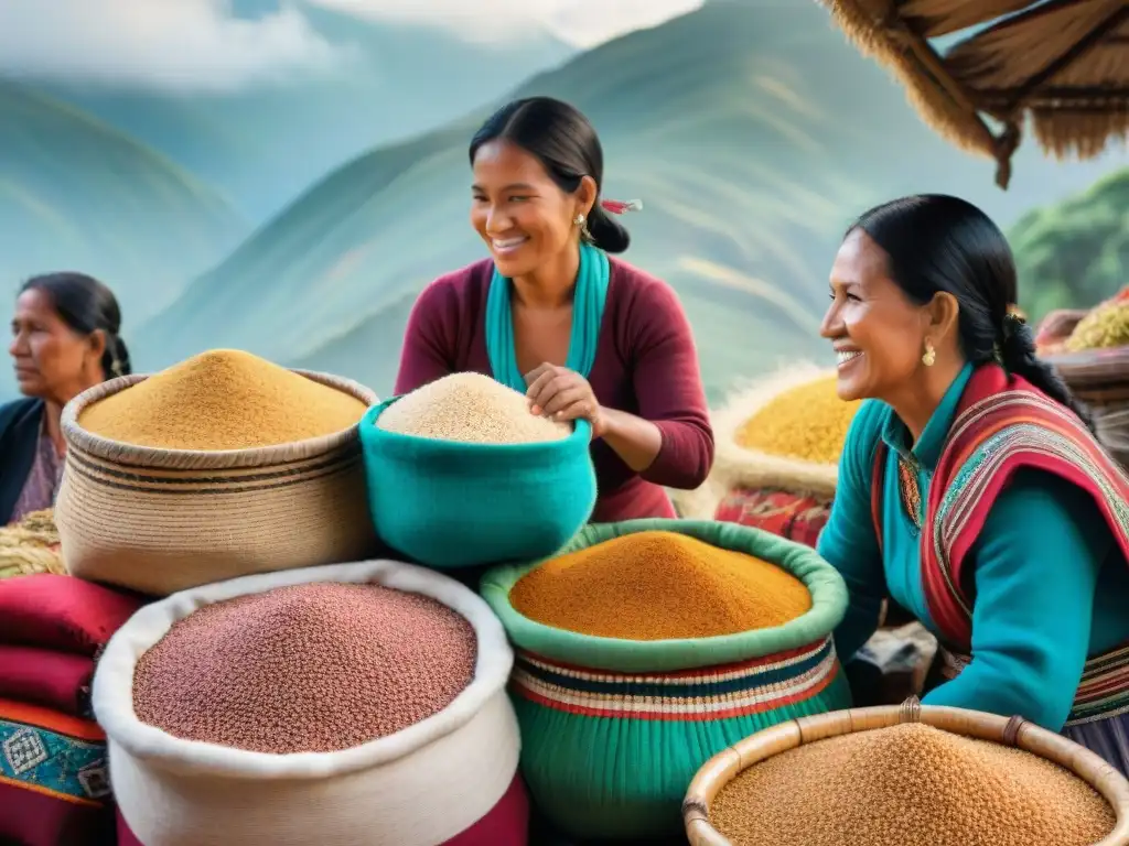 Escena vibrante de mercado en Perú con quinoa en cestas tejidas, locales en trajes tradicionales y recetas innovadoras