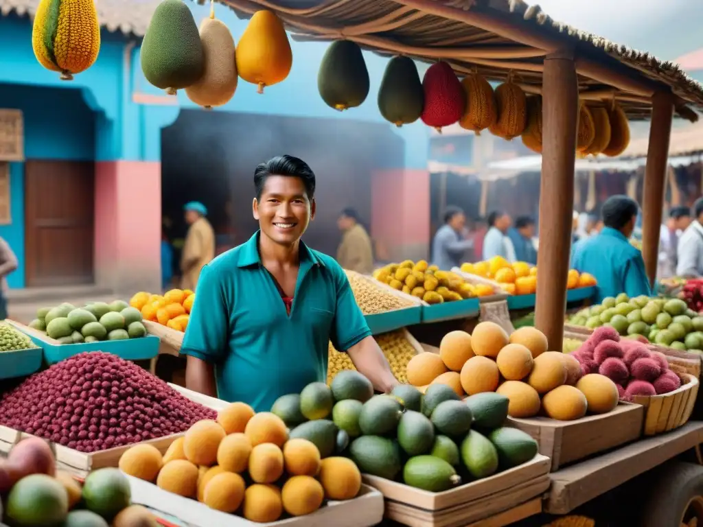 Una escena vibrante de mercado en Perú con chirimoyas en primer plano