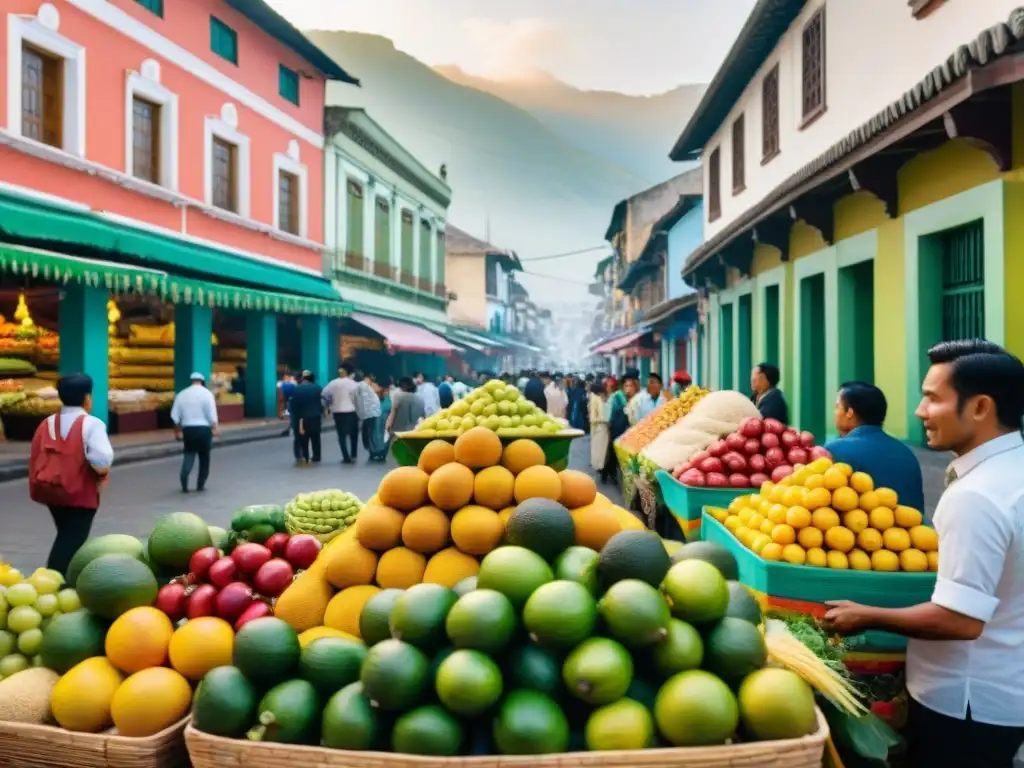 Escena vibrante en Lima, Perú, con mercado colorido y edificios coloniales