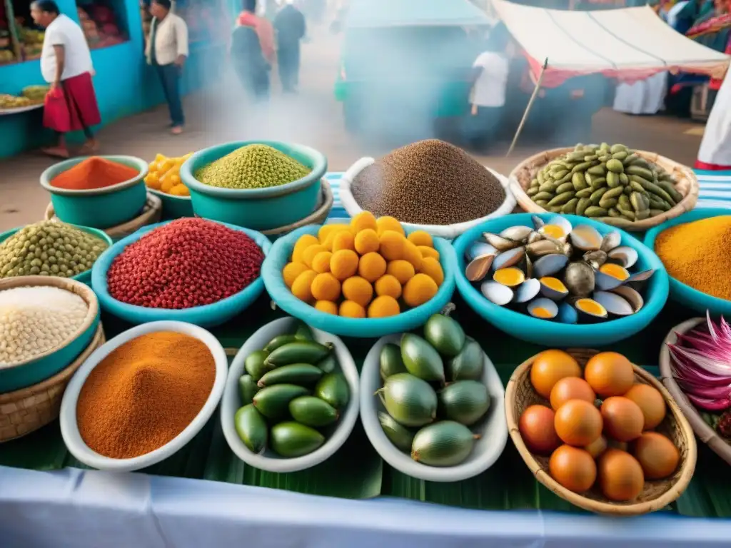 Una escena vibrante de mercado en la costa peruana, fusionando ingredientes tradicionales con influencias andinas