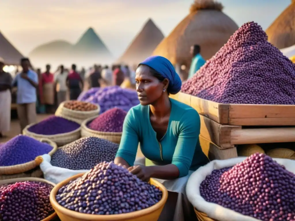 Escena vibrante en mercado costero con maíz morado