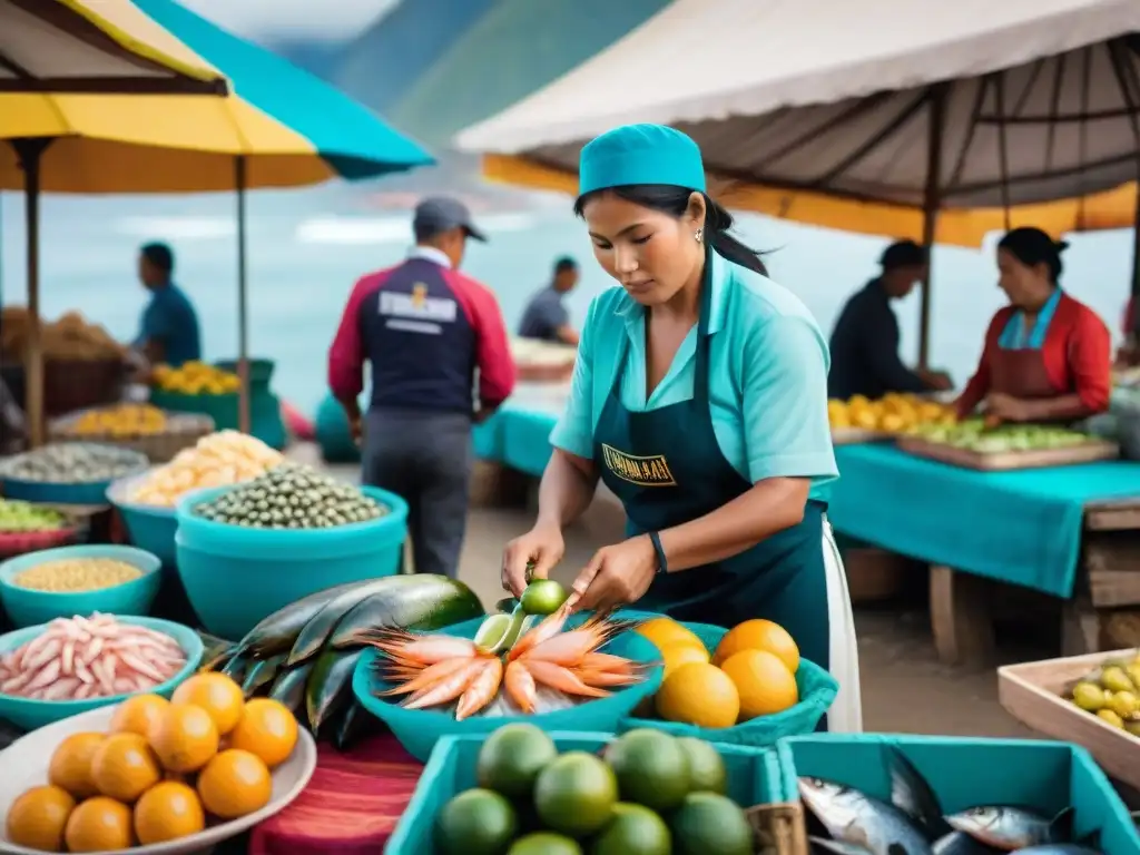 Escena vibrante de mercado costero peruano con pescados frescos y ceviche, transmitiendo sabor auténtico ceviche peruano costa