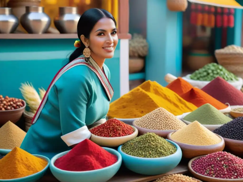 Una escena vibrante de mercado en Perú con especias, hierbas y frutas exóticas, influencia árabe