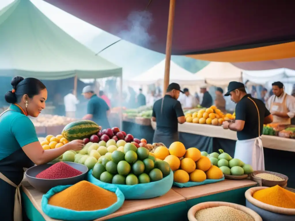 Escena vibrante de un mercado en el Festival Gastronomía Amazónica Perú, con chefs locales, frutas exóticas y música tradicional