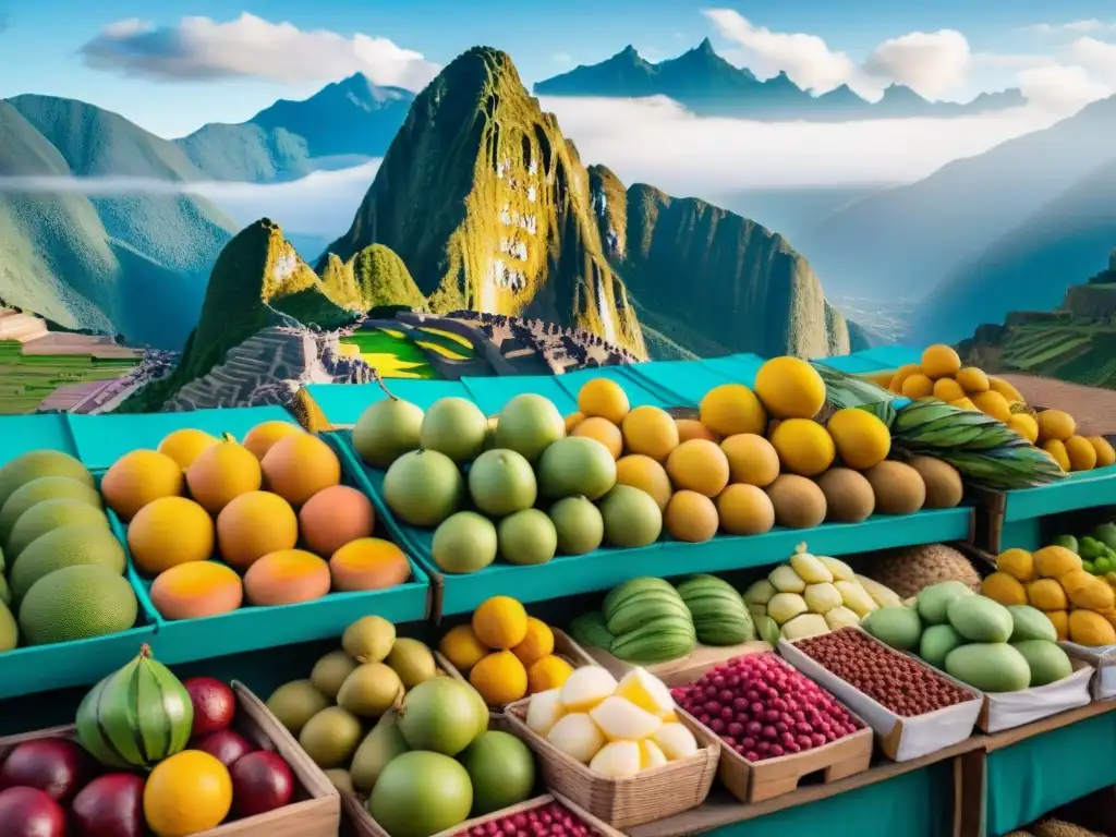 Una escena vibrante de un mercado de frutas peruano con vendedores locales ofreciendo frutas tropicales