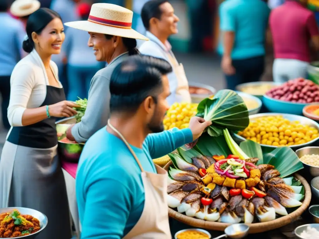 Escena vibrante de mercado gastronómico en Lima, Perú, muestra variedad de platos peruanos