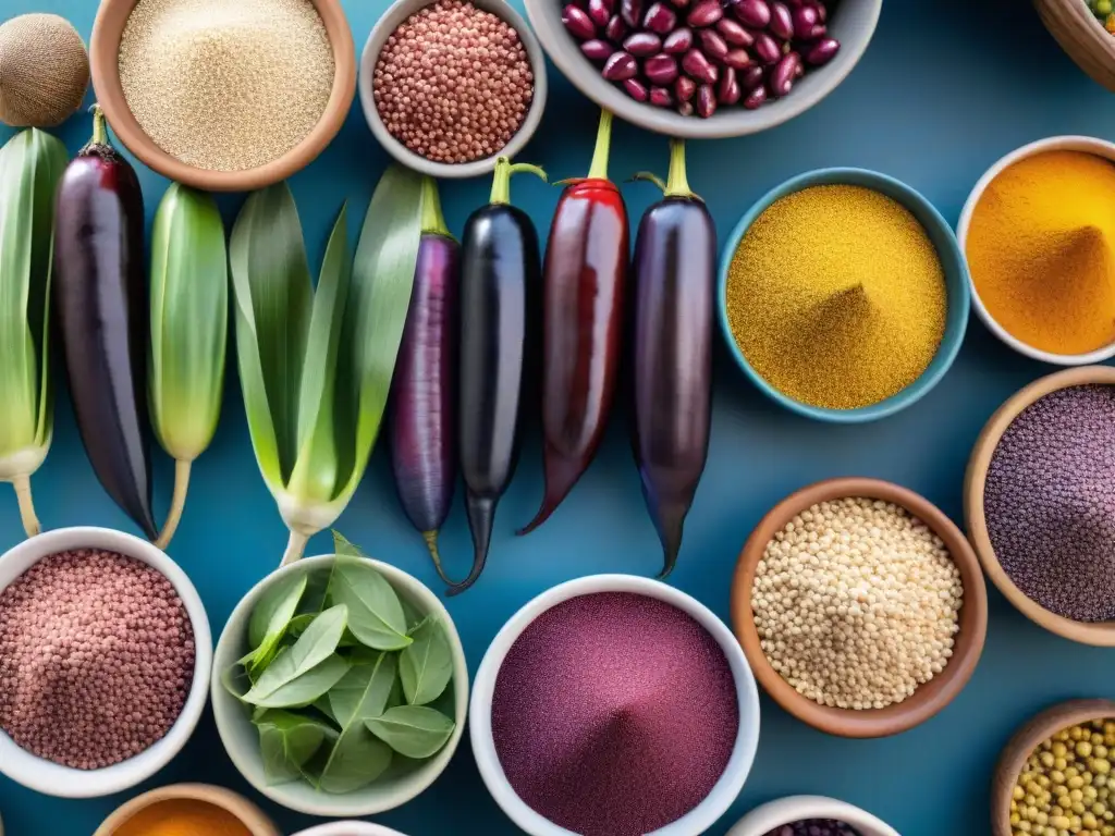 Una escena vibrante de un mercado en Perú con ingredientes autóctonos como maíz morado, quinua, ají y fruta de lúcuma