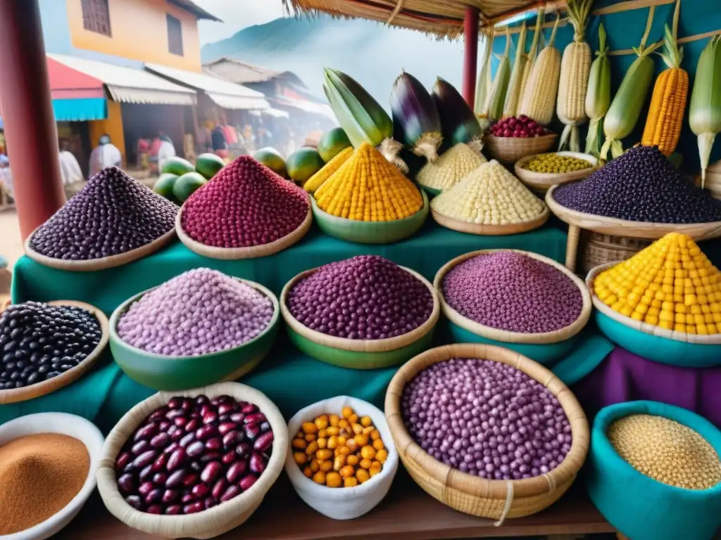 Escena vibrante de mercado en Perú con ingredientes para Chicha Morada