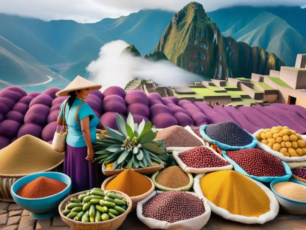 Escena vibrante de mercado en Perú con ingredientes locales coloridos y frescos, ideal para recetas saludables cocina peruana diabéticos