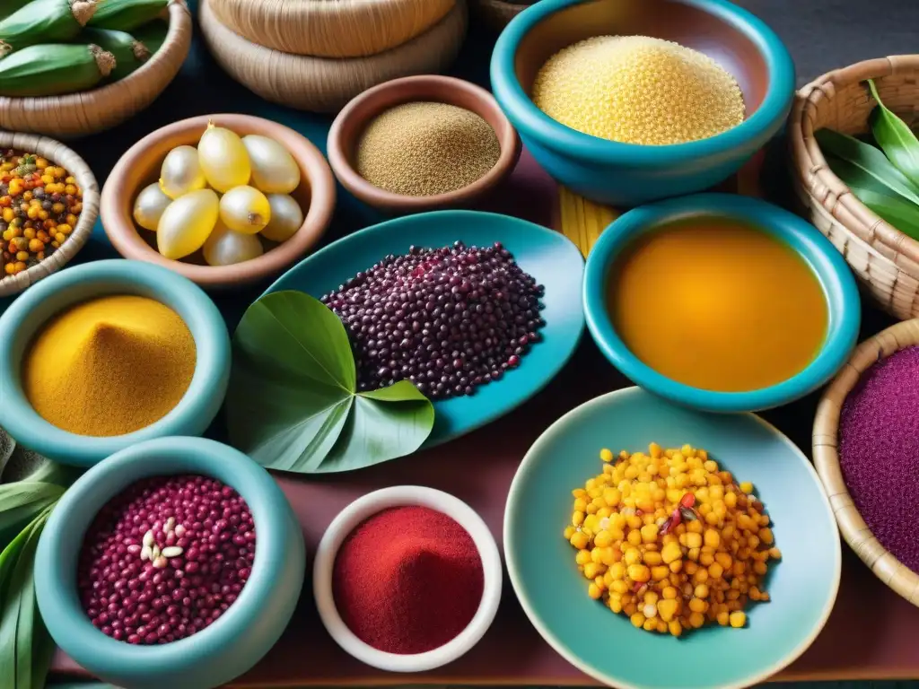 Una escena vibrante de un mercado en Perú con ingredientes autóctonos para platos tradicionales peruanos