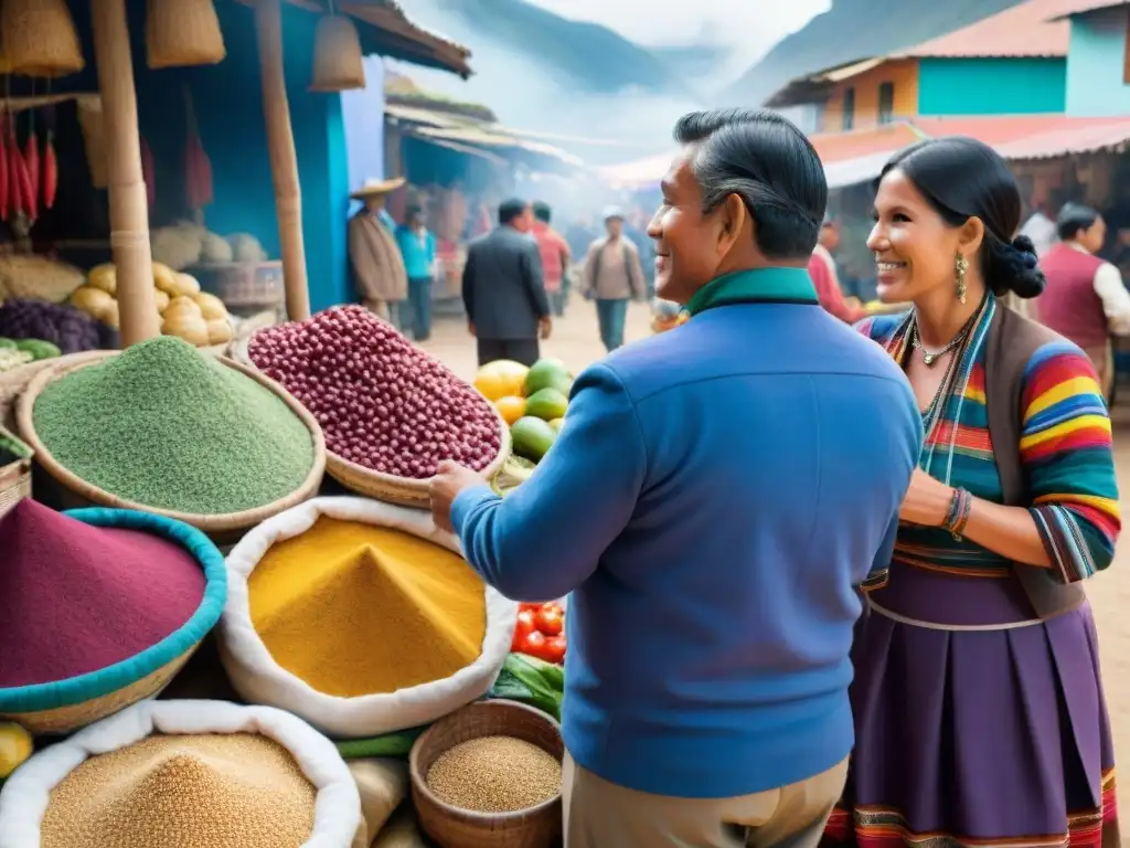 Escena vibrante de mercado en Perú con ingredientes autóctonos, músicos y textiles andinos