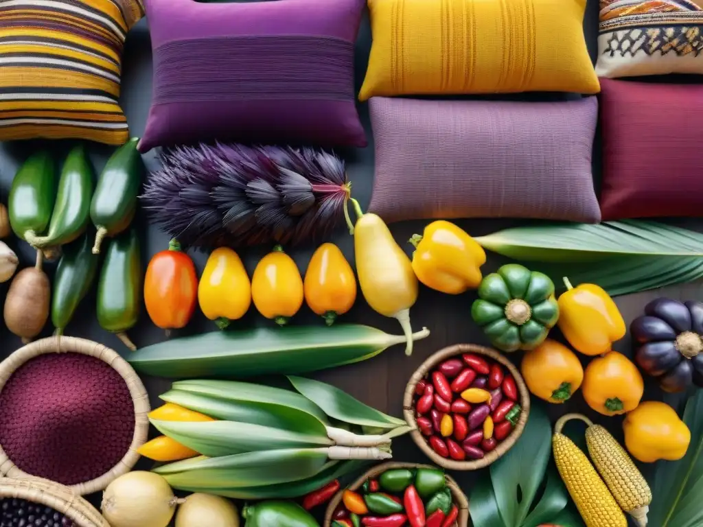 Una escena vibrante de mercado en Perú con ingredientes autóctonos coloridos y vendedores locales, destacando la rica cocina peruana