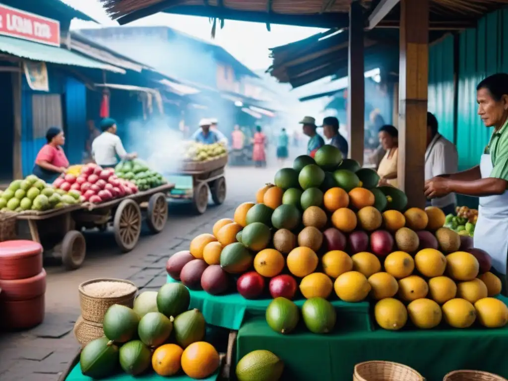 Escena vibrante en mercado de Iquitos Perú, con exóticas frutas y cocina amazónica