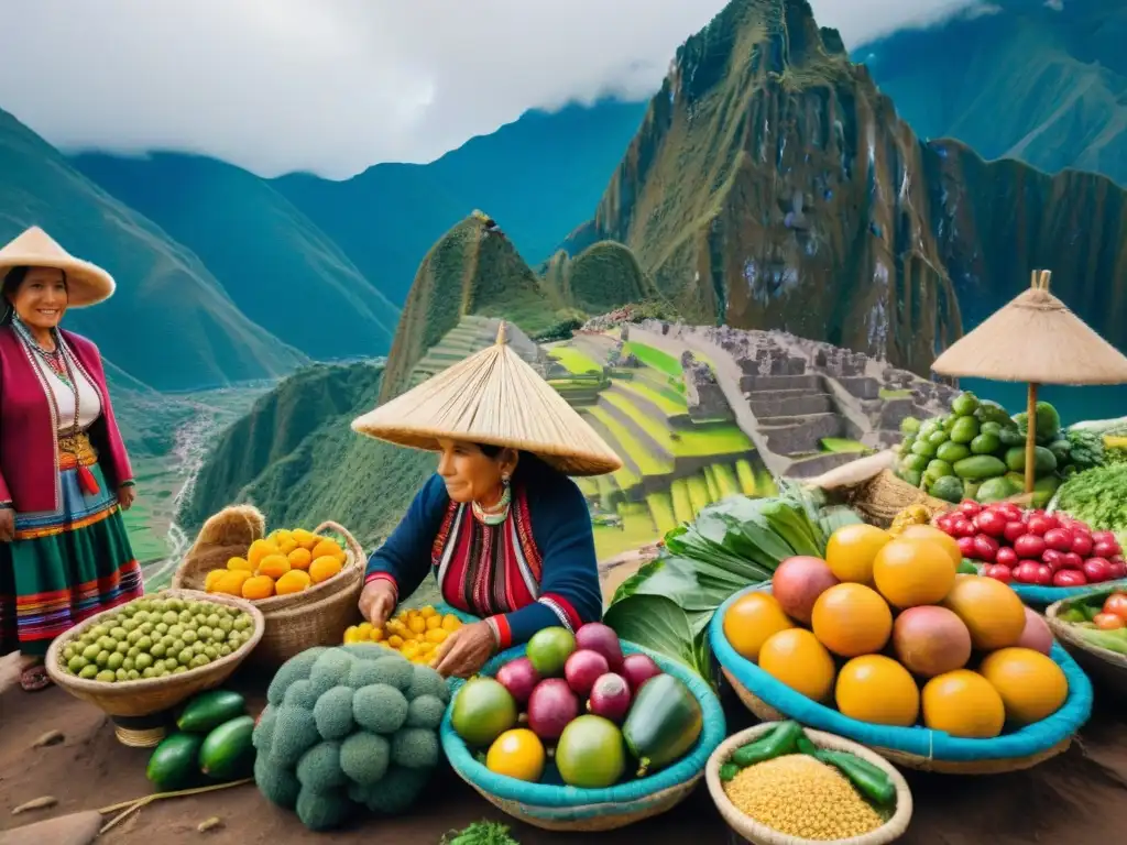 Una escena vibrante de un mercado local en Perú, con frutas y verduras coloridas y mujeres peruanas en trajes tradicionales