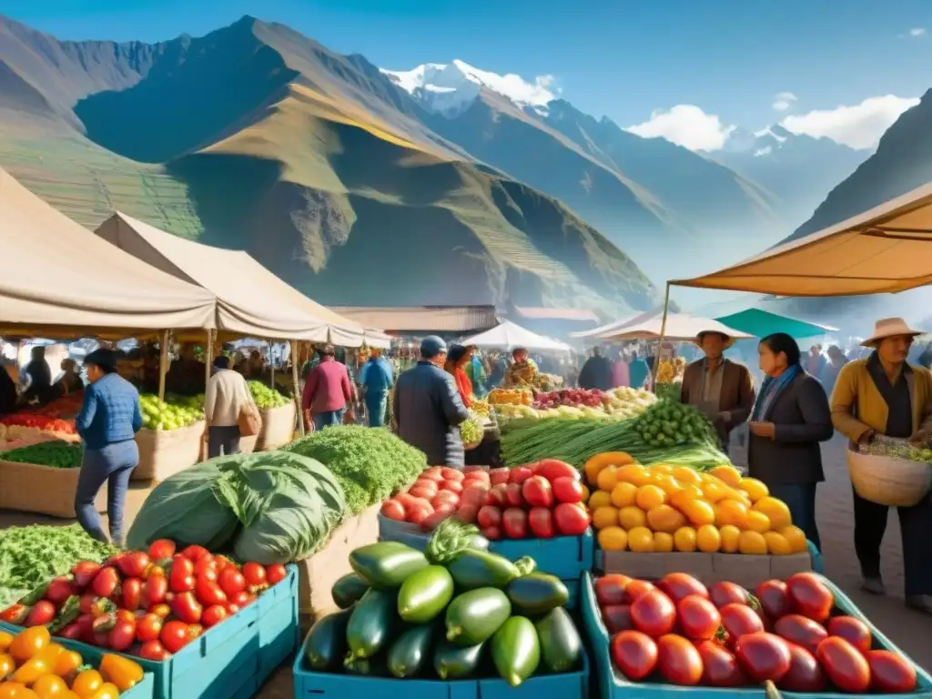 Escena vibrante de un mercado local en Valle Sagrado, Peru, con gastronomía sostenible y colorida