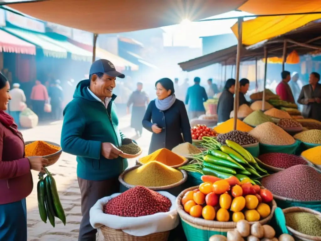 Una escena vibrante de un mercado local en Perú, con coloridas especias peruanas en exhibición y una atmósfera auténtica llena de vida