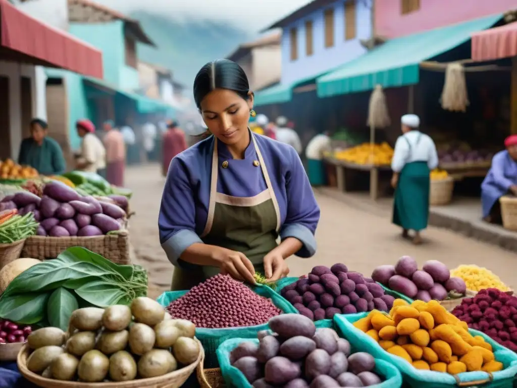 Escena vibrante de un mercado local en Perú con ingredientes frescos, mujeres indígenas y chef seleccionando productos