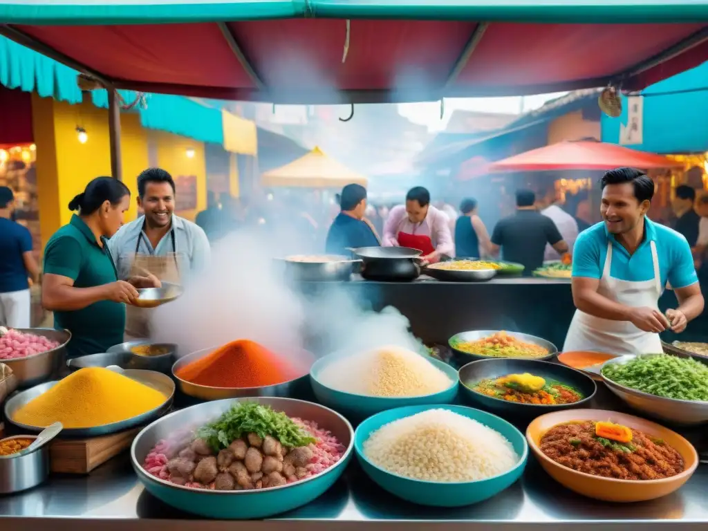 Una escena vibrante en Mercado 28, Miraflores: gastronomía peruana en su esplendor, sabores auténticos y ambiente bullicioso